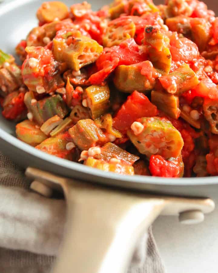 Fire roasted tomatoes and Okra in a pan
