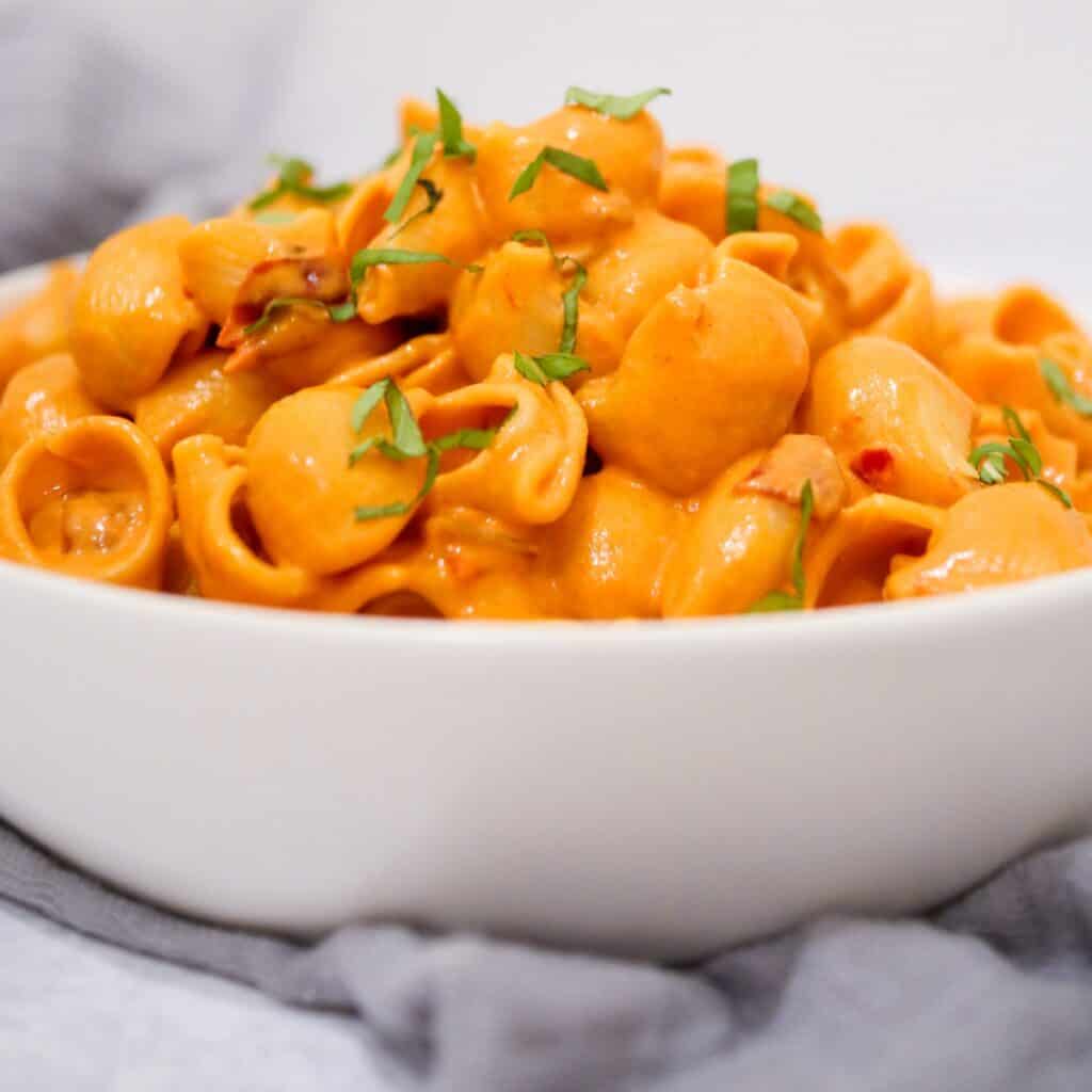 Spicy Rigatoni in a white ceramic bowl topped with fresh Basil