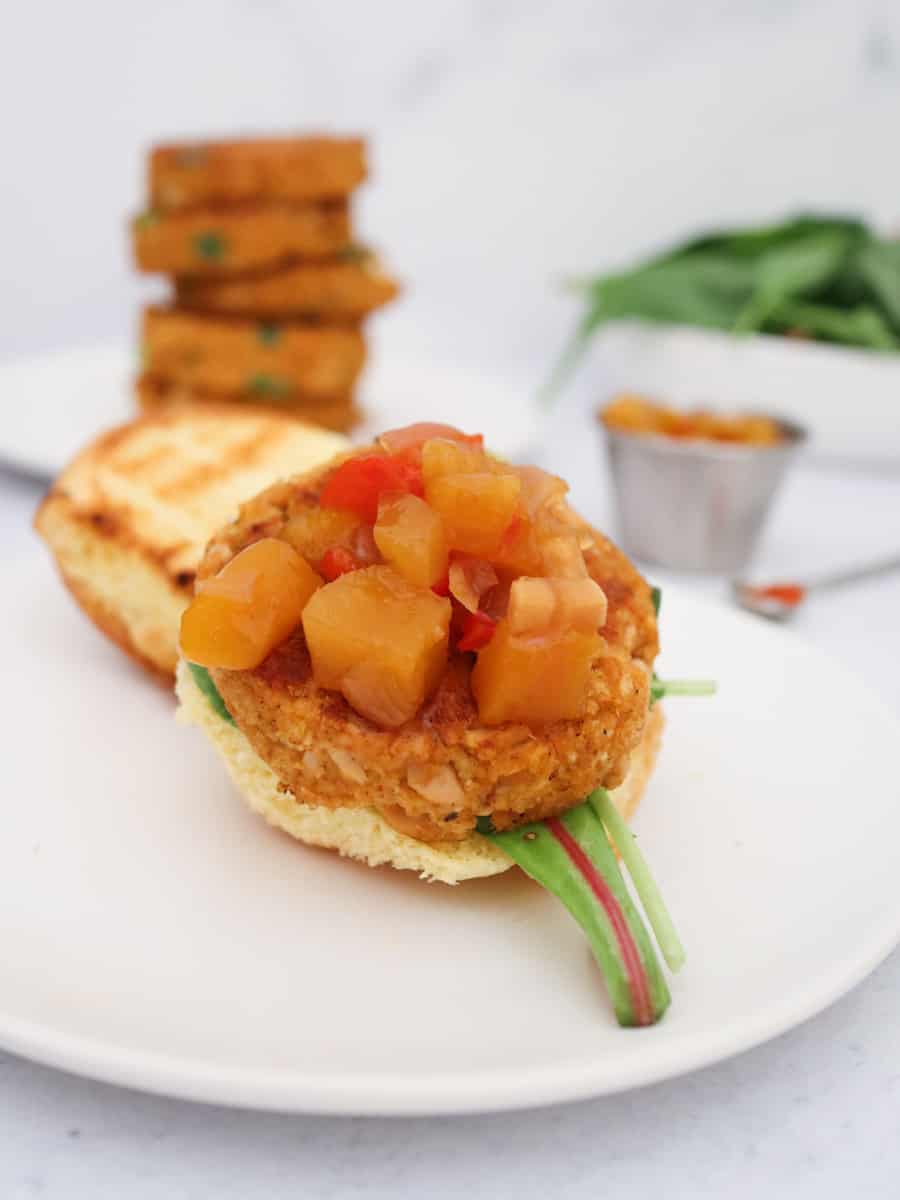 Grilled Island Tuna Patties with Fresh Mango Chutney and miniature brioche buns