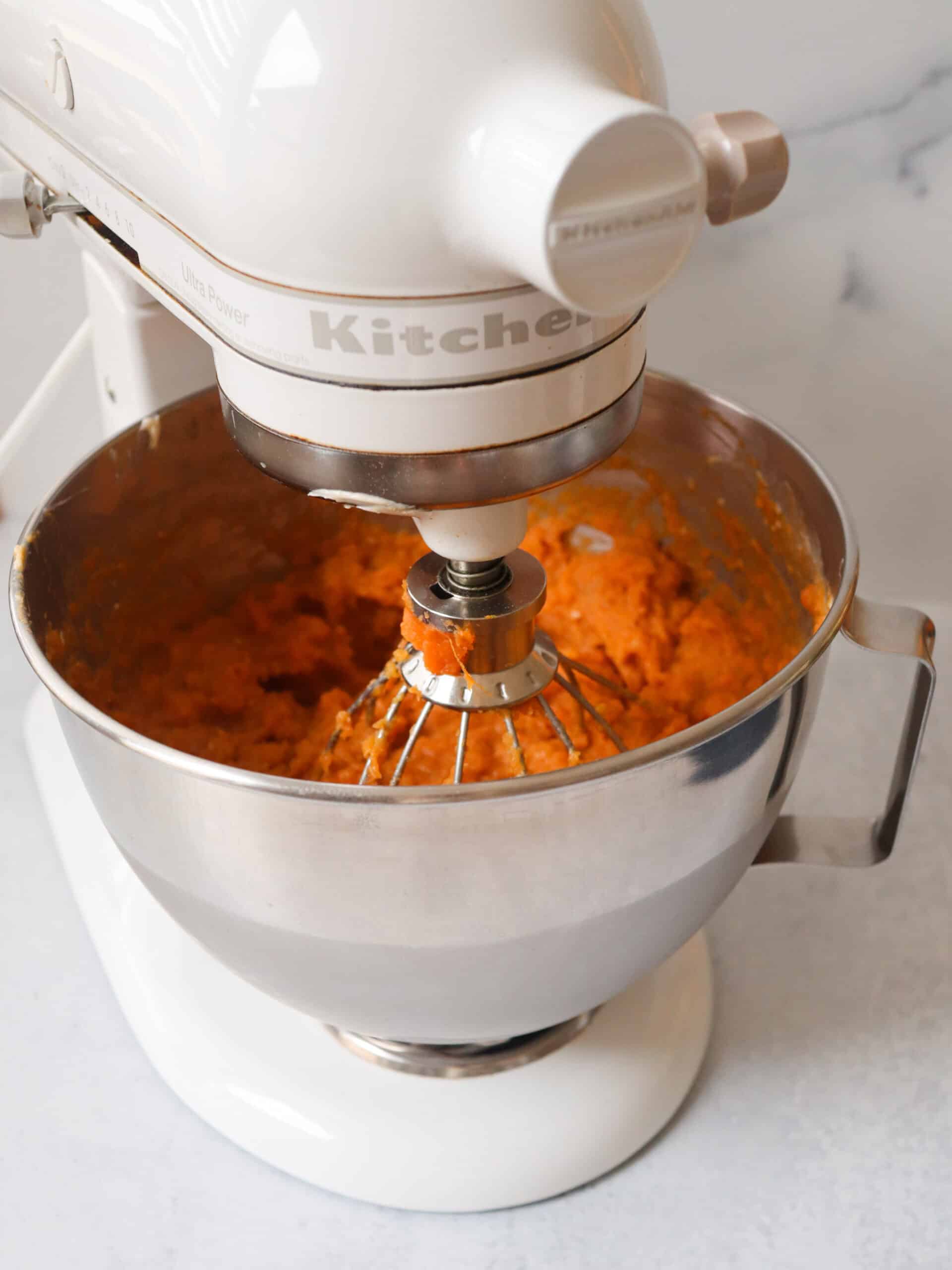 Whipped sweet potatoes in a Kitchen Aid standing mixer